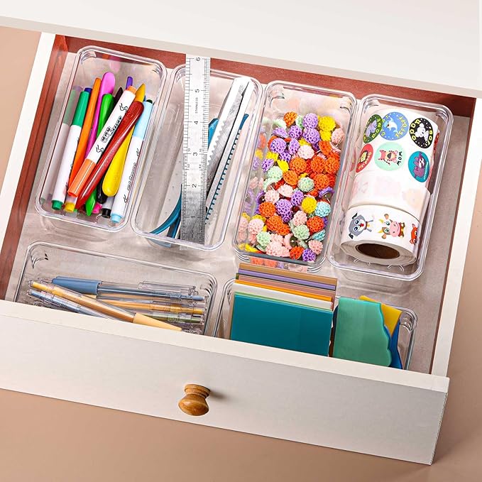 6Pcs Clear Plastic Drawer Organizers Tray 6" x 3" Storage Bins with 25Pcs Non-slip Pads for Makeup, Jewelries, Kitchen Utensils, Bathroom and Office