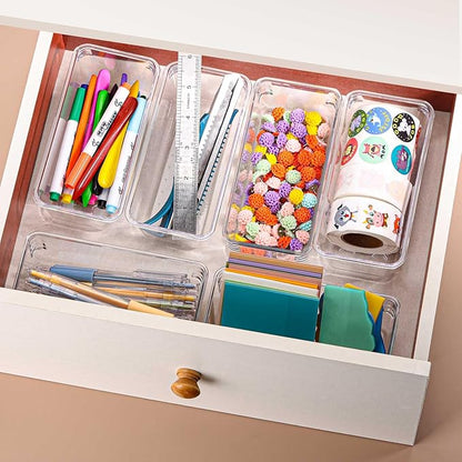 6Pcs Clear Plastic Drawer Organizers Tray 6" x 3" Storage Bins with 25Pcs Non-slip Pads for Makeup, Jewelries, Kitchen Utensils, Bathroom and Office