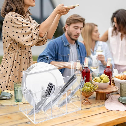 Chivalral Acrylic Utensil Holder & Paper Plate Holders -Clear Space-Saving Cutlery Caddy and Silverware Organizer for Kitchen, Table, Buffet, Party, Picnic, Camping Indoor Outdoor Use