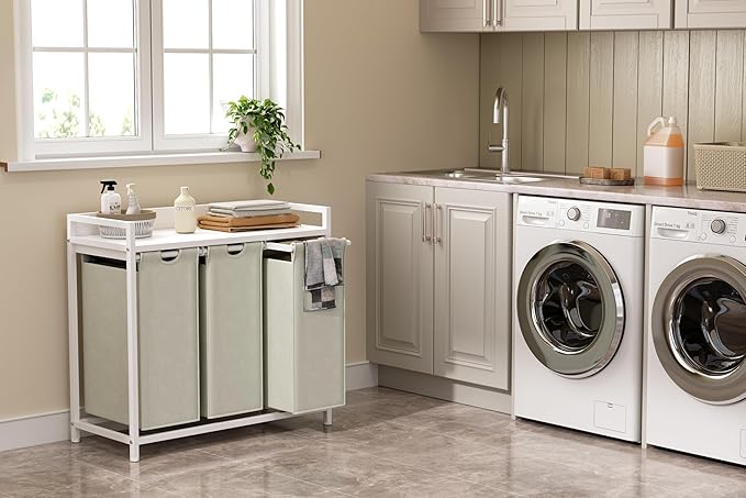 Herture Laundry Hamper with Shelf, Laundry Basket 3 Section, Laundry Sorter with Pull-Out Removable Large Bags and Movable Wheels, Metal Frame, 3 x 15.87 Gallons (60L), White PF04XLW