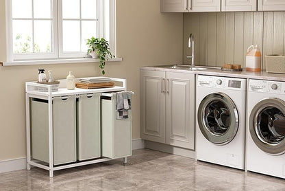 Herture Laundry Hamper with Shelf, Laundry Basket 3 Section, Laundry Sorter with Pull-Out Removable Large Bags and Movable Wheels, Metal Frame, 3 x 15.87 Gallons (60L), White PF04XLW