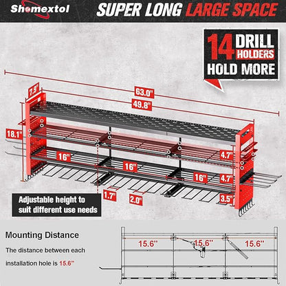 49.8" W Large Power Tool Organizer Wall Mount, Heavy Duty Tool Organizer with 14 cordless Drill Holder, 4 Layers Garage Organization and Storage Rack, Tool Rack for Garage Workshop, Red