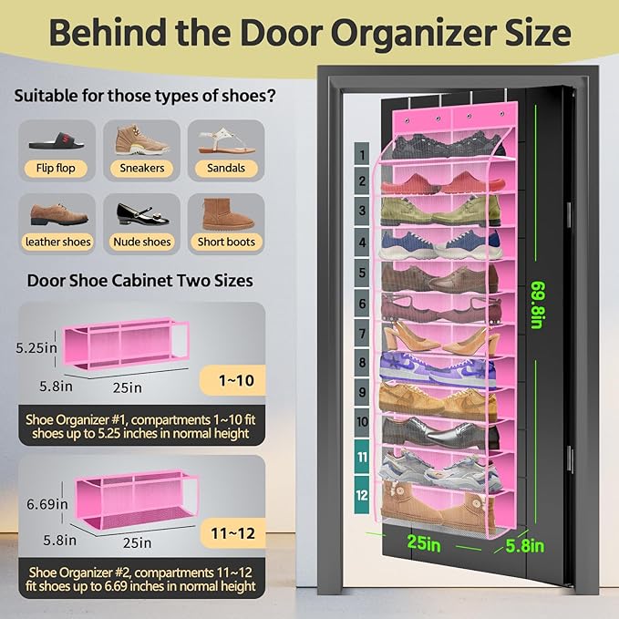 PAULONE 12 Pocket Over the Door Shoe Organizer,Reusable Breathable Large Mesh Bag Men's & Women's Sneaker Organizer,Shoe Organizer for Kids,Hanging Shoe Storage Hanging Bag (Pink)