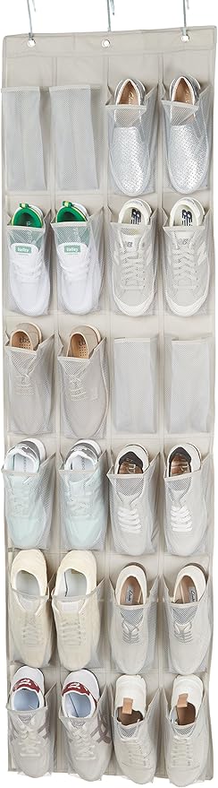Amazon Basics 24 Medium Mesh Pocket Over-the-Door Hanging Shoe Organizer, Space Saving Shoe Storage, Light Grey | Over-the-Door