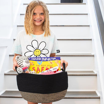 Stylish Cotton Rope Storage Basket For Dog Toys, Magazines or Books - The Perfect Woven Bin with Handles For Everyday Organization Reduces Clutter in Your Rooms - A Decorative Gift & Storage Box