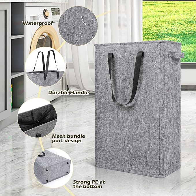 Odonata Slim Laundry Hamper Handles Collapsible Laundry Basket Thin Dirty Clothes Basket Narrow Laundry Bag Foldable Dirty Hamper 45L (Heather Grey)