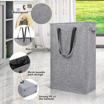 Odonata Slim Laundry Hamper Handles Collapsible Laundry Basket Thin Dirty Clothes Basket Narrow Laundry Bag Foldable Dirty Hamper 45L (Heather Grey)