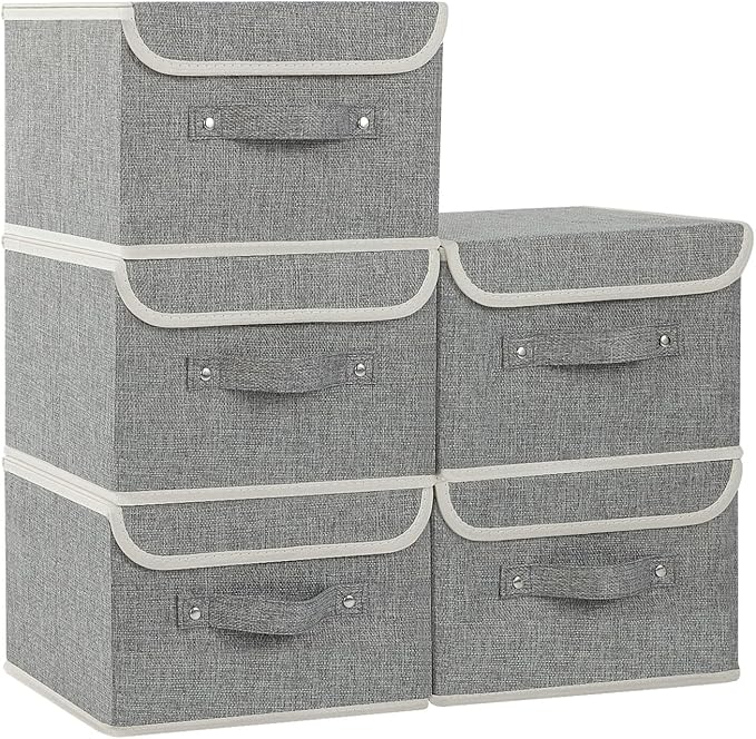 Fabric Storage Bins Cube Organizers with Flip-Top Lid and Handles,Storage Boxes for Organizing Home,Office,and Closet,Grey,5 Pack 10.2 X 7.9 X 6.7 in