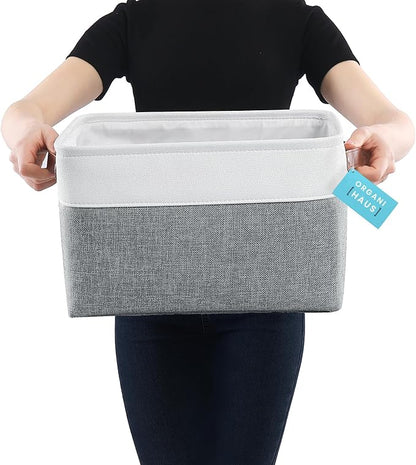 OrganiHaus 15x11in Canvas Storage Baskets 3 Pack | LARGE Fabric Bins for Shelves | Closet & Bedroom Storage | Gray/Off-White