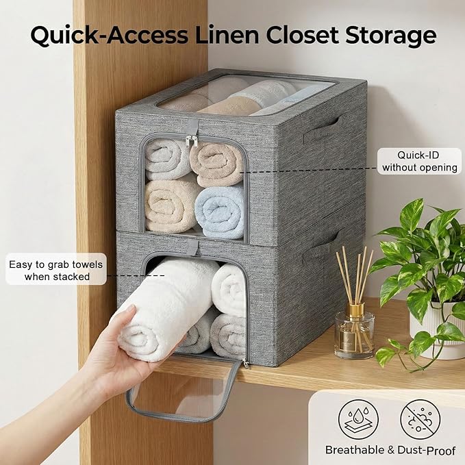 GoMaihe Baby Clothes Storage Bins with Metal Frame, 6-Pack Small Closet Storage Bin with Lid & Clear Window, Nursery Organizer for Baby Clothing, Toddler Kids Storage Boxes, Cationic Fabric 27L
