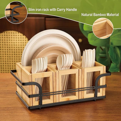 Silverware Caddy Wood Utensil Holder Silverware Utensil Caddy Cutlery Flatware Paper Plate Dispenser Organizer for Spoons Forks Plates Napkins (Acrylic)