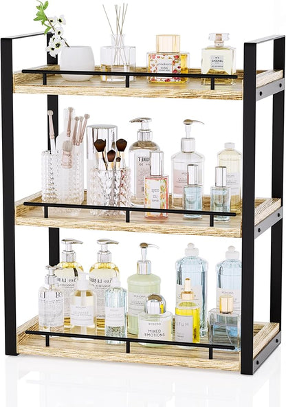 Bathroom Counter Organizer, 3 Tier Wood Countertop Shelf for Vanity, Skincare, Makeup, Kitchen Coffee and Sink Storage, with Durable Metal Bracket (Rustic Brown)