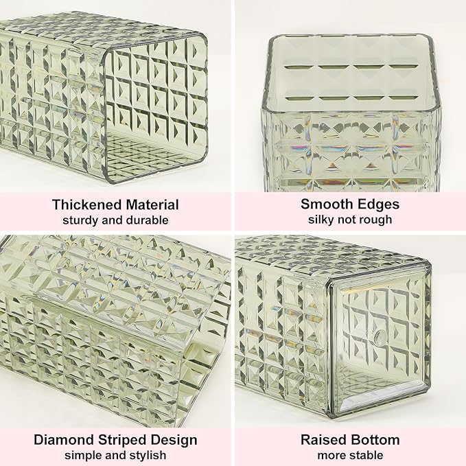 DASITON Makeup Brush Holder Organizer, Acrylic Makeup Brush Cup, Diamond Striped Make Up Brush Holder for Vanity, Bathroom Countertop, Toothbrush Holders, Pen Holder for Desk Storage (Green)