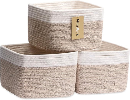 MiniArk Small Organizing Baskets for Cubes Shelf, 9.7x9.7x7.1 Inch Rope Woven Storage Bins for Nursery Shelves Storage, Cute Toy Basket, Square 3 Packs Off White Brown