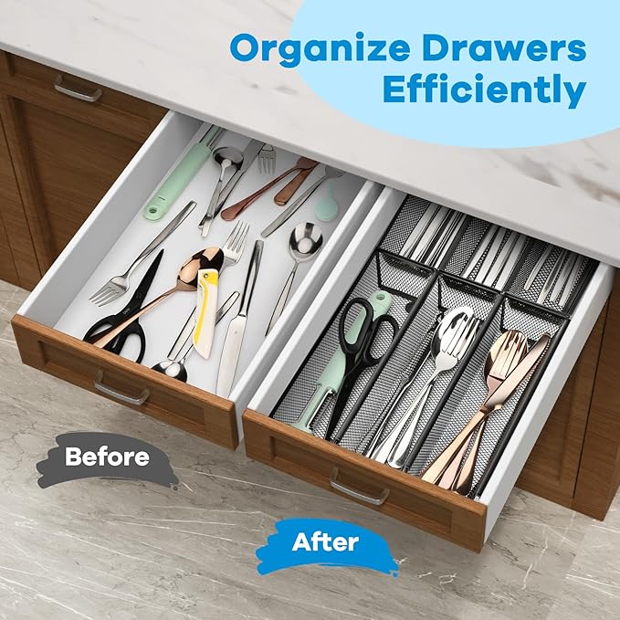 Silverware Organizer for Drawer, Utensil Drawer Organizer, 2 Pack Silverware Drawer Organizer Tray, Organizadores De Cocina, Flatware Organizer for Drawer with Interlocking Arm