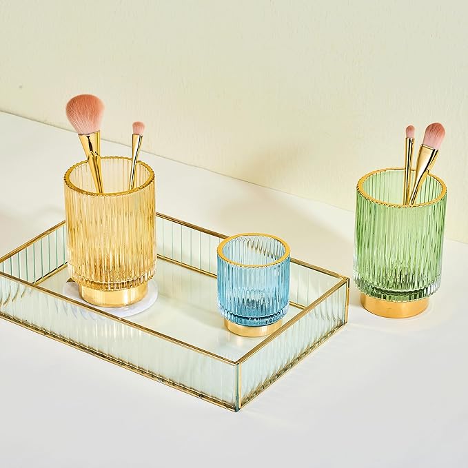 Makeup Brush Holder Organizer,Toothbrush Holders,Desk Pen Pencil Holder,Multifunctional Vintage Glass Brush Cup（L/Gold/A3-7-US）