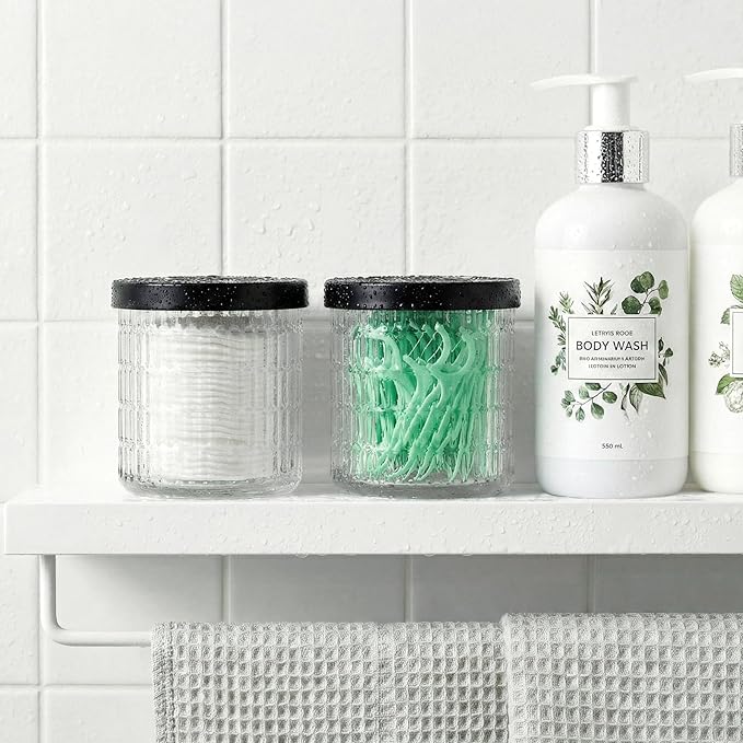 2 Pack Qtip Holder Bathroom Set - Glass Apothecary Jars with Lids, Canisters for Cotton Balls.Swabs, Floss Picks, Hair Ties - Vanity Organizer & Vintage Bathroom Storage (Clear)