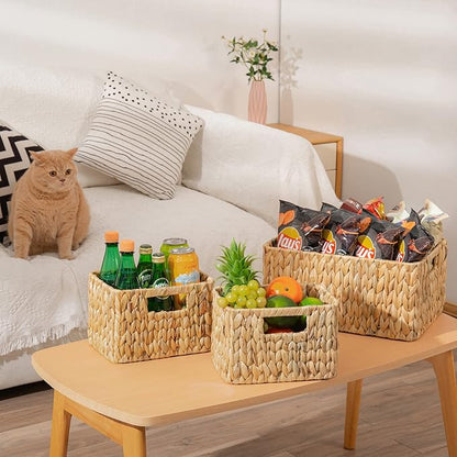 Wicker Storage Basket, 3 Pack Hand-Knitted Wicker Baskets, Water Hyacinth Storage Baskets with Built-in Handles