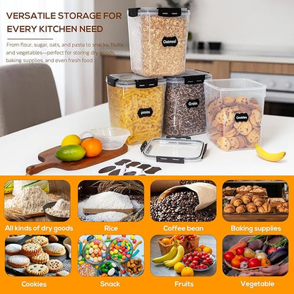 Large Thicker Food Storage Containers with Lids Airtight 5.3L/179Oz, 4pcs Plastic Pantry Storage Container for Dry Food/ Flour/ Sugar/ Pasta/ Cereal/ Baking Supplies, Canister for Kitchen Organization