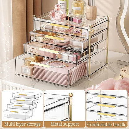 Aveniee 4 Drawers Makeup Organizer- Bathroom Counter Organizers and Storage, Plastic Bins Versatile Perfume Vanity Desk Organization for Cosmetic, Skincare, Face Mask, Jewelry, Clear