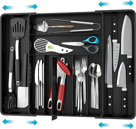 Simple Houseware Expandable Kitchen Drawer Flatware Organizer, Black – Adjustable Cutlery Tray with 9 Compartments for Utensils and Silverware