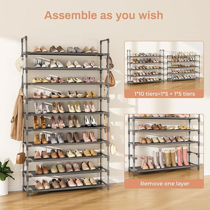 LANTEFUL Tall Shoe Rack 10 Tier Shoe Organizer Large Shoe Shelf with 18 Hooks Storage for 50 Pair Sneaker and Boot, Stackable Vertical Shoe Rack Organizer for Closet, Entryway, Bedroom, Grey