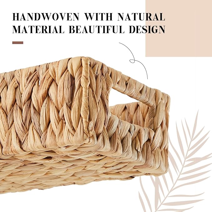 2 Pcs Toilet Paper Basket for Back of Toilet Wicker Water Hyacinth Basket Topper and Vanity Tray Set with Built-in Handles for Paper Hand Towel, Bathroom, Home, Spa(Light Brown)