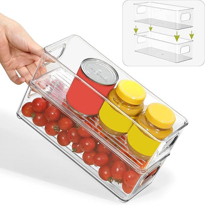 Stackable Plastic Food Storage Bin with Handles for Kitchen Pantry, Cabinet, Refrigerator, Freezer - Organizer for Fruit, Yogurt, Squeeze Pouches - BPA Free, 10" Long - 2 Pack – Clear