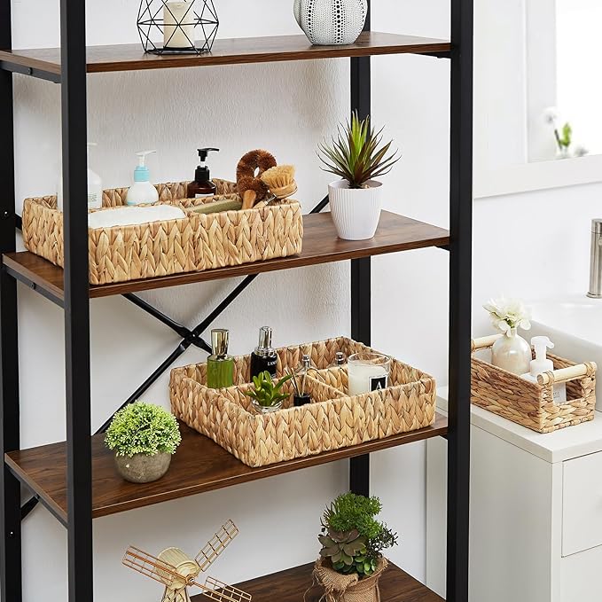 Vagusicc Wicker Divided Storage Basket, Hand-Woven Water Hyacinth Wicker Baskets, Basket for Drawer Organizing, 3 Section Rectangular Woven Storage Baskets, 2-Pack