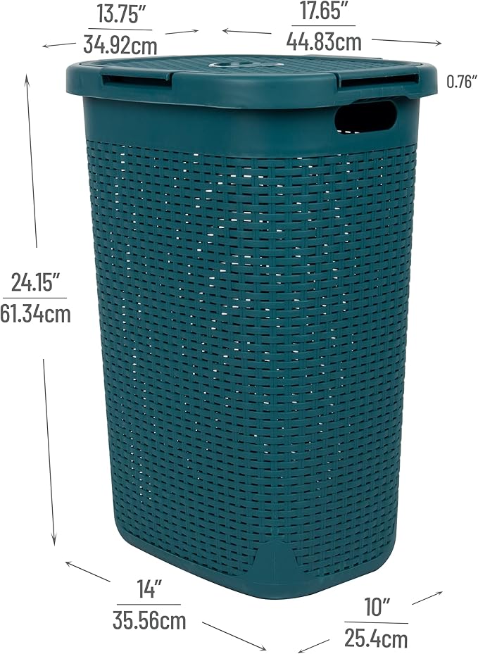 Mind Reader Slim Laundry Hamper with Lid, 60L Tall Clothes Basket, Narrow Tapered Design for Bathrooms, Closets and Laundry Rooms, Plastic, Blue