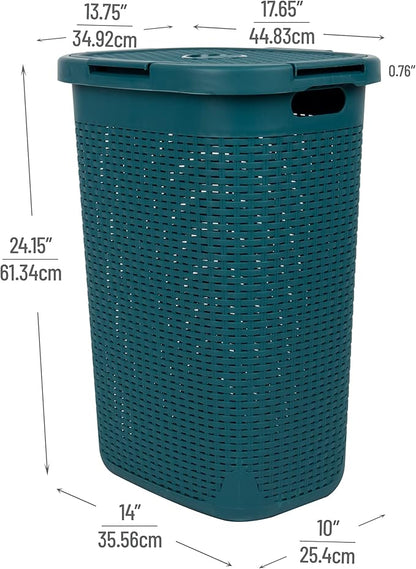 Mind Reader Slim Laundry Hamper with Lid, 60L Tall Clothes Basket, Narrow Tapered Design for Bathrooms, Closets and Laundry Rooms, Plastic, Blue