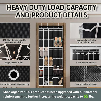 Kotkn Over the Door Shoe Organizer with 30 Breathable Mesh Pockets - Large Capacity Closet Storage for Men & Women, Hanging Shoe Rack Organizer (Black, 30-Pocket)
