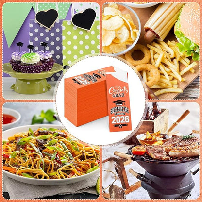 Funnymoom 400 Pcs 2026 Graduation Wrapped Silverware Bags Holder - Disposable Dinnerware Set Includes Plastic Spoons Knives and Forks, Class of 2026 Parties School Congrats Supplies(Orange)