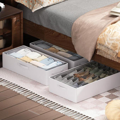 CYhom 3Pcs Under Bed Storage Bins with Metal Frame - Shoe Organizer for Closet with Clear Cover Oxford Fabric Sturdy Underbed Container Foldable Stackable Clothes Organizer (Grey, 23.5x15.7x6.3)