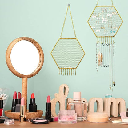 Jetec 2 Pcs Earring Wall Holder Wall Mounted Earring Organizer Hanging Jewelry Stand Decorative Diamond Grid Shape Display Rack with Hooks for Earrings Necklace Bracelet(Gold)