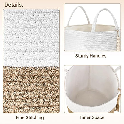 Mkono Woven Storage Basket Decorative Natural Rope Basket Wooden Bead Decoration for Blankets,Toys,Clothes,Shoes,Plant Organizer Bin with Handles Living Room Home, 16" Wx13.8 L, Cream White and Brown