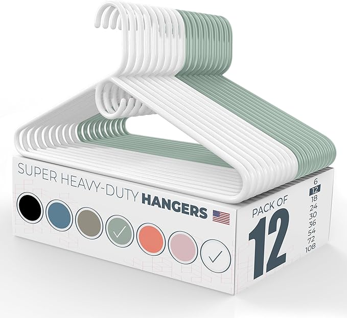 Super Heavy Duty Clothes Hangers 12 Pack – Made in the USA - 10lb Capacity, Thick Plastic Hangers for Pants, Coats, Jackets, Jeans and Adult Clothing – White & Mint