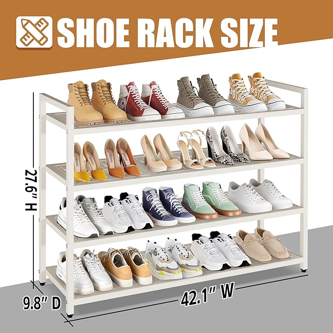 4-Tier Shoe Rack, Large Capacity Metal Free Standing Shoes Rack, Sturdy and Durable Shoe Organizer, Shoe Shelf for Closet, Entryway, Bedroom, for 24-28 Pairs, 42.1" W x 9.8" D x 27.6" H, White