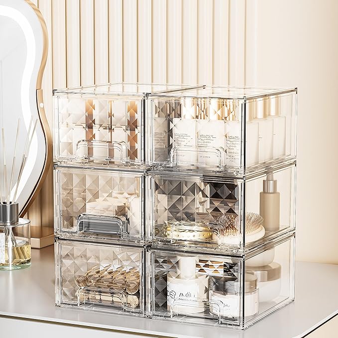 Delamu 6 Pack Stackable Storage Drawers, Makeup Skincare Holder Vanity Storage Organizer, Plastic Drawers For Vanity Desk, Undersink, Kitchen Cabinet, Pantry, Clear, Ideal Gifts for Women