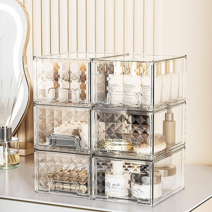 Delamu 6 Pack Stackable Storage Drawers, Makeup Skincare Holder Vanity Storage Organizer, Plastic Drawers For Vanity Desk, Undersink, Kitchen Cabinet, Pantry, Clear, Ideal Gifts for Women