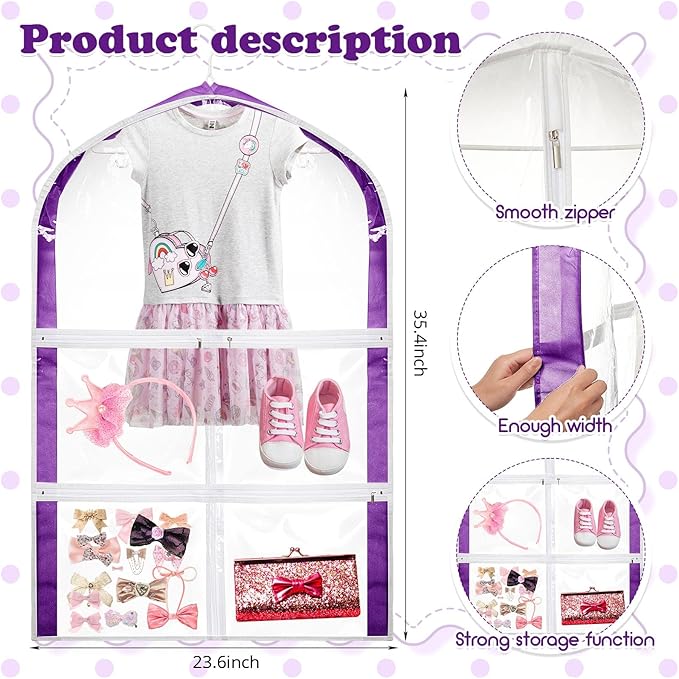 3 Pack Clear Kids Dance Costume Garment Bag Garment Bags for Hanging Clothes, PVC Dance Costume Bags with Rack Organizer with Zipper Pockets for Travel Storage Kids Girls