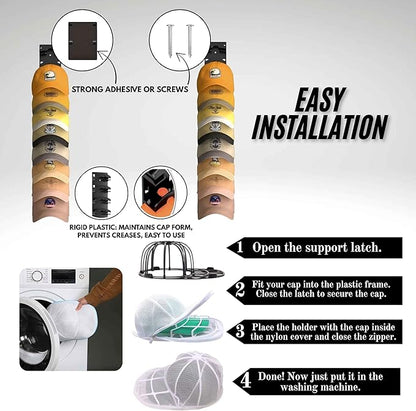 Fa&me Premium Kit: 1 Heavy-Duty Cap Washer with Protective Mesh for Washing Machine + 2 Wall Mount Hat Organizer Racks - Cap Storage and Cleaning (Black)
