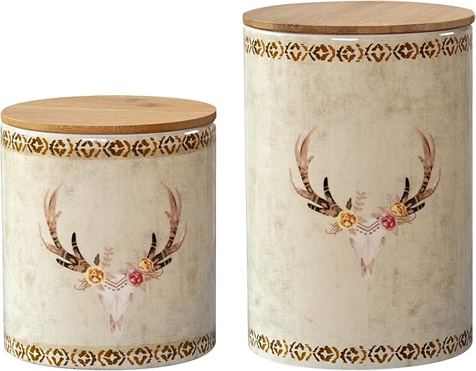 Paseo Road Desert Skull Western Canister Sets for Kitchen Counter, Set of 3 Kitchen Canisters for Countertop, Deer Skull Floral Print Ceramic Food Storage Jars with Lids