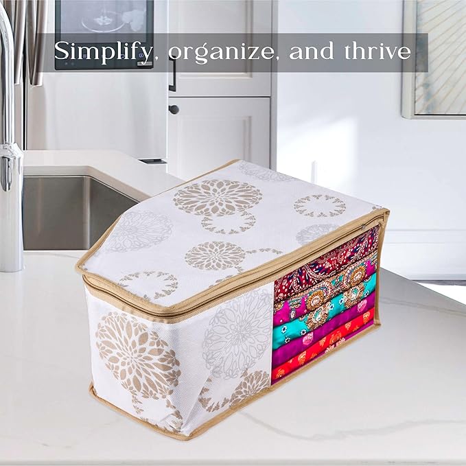 Kuber Industries Pack of 3 Blouse Storage Bag | Clothes Storage Bag | Visible Window Wardrobe Bag | Zipper Clothes Organizer | Blouse Bag for Travel | Gola-Print | White