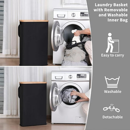 iEGrow 60L Slim Laundry Hamper, Narrow Laundry Basket with Lid,Foldable Clothes Hamper with Bamboo Handles,Hamper Basket with Removable Inner Bag for Laundry Room Bedroom College Dorm,Black