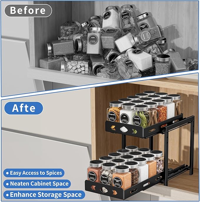 BOIVSHI Pull Out Spice Racks for Inside Cabinets, 2-Tier Cabinet Spice Rack Organizer, Height Adjustable Vertical Spice Rack for Kitchen Cabinet (7.5''Wx10.8''Dx9.2''H, Metal Black)