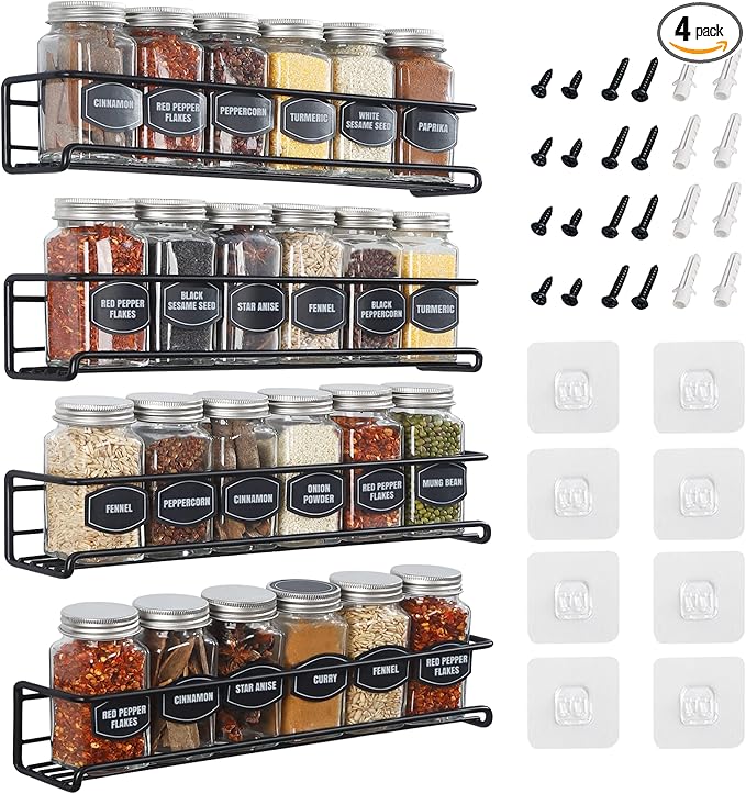 Spice Rack Wall Mounted 4 Tier – Space-Saving Kitchen Spice Organizer for Seasonings – Screw or Adhesive Hanging – Wall Mount Hanging Spice Rack for Wall, Cabinet, Pantry Door 2.5x 2.5x11.5 in