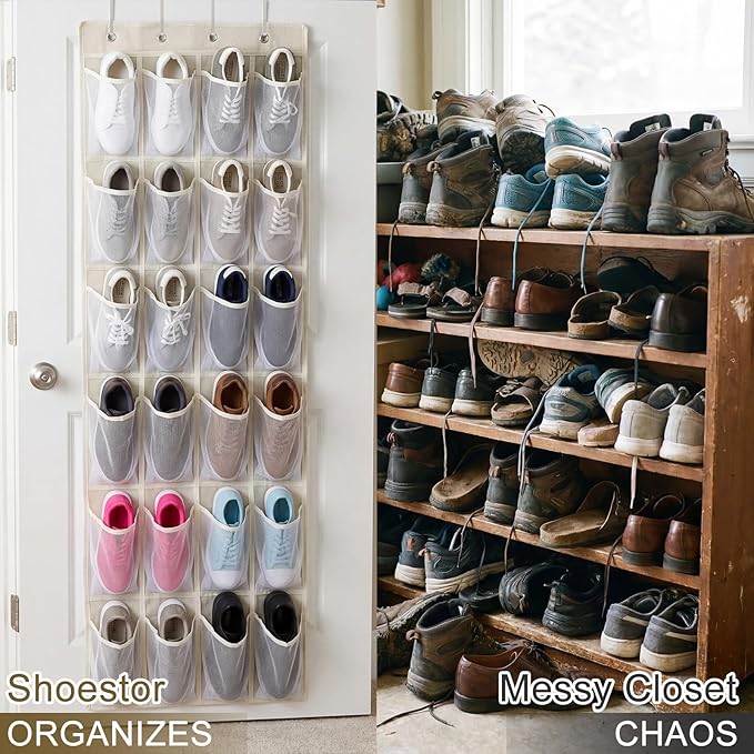 Batiyeer Over the Door Shoe Organizer Cotton Material 24 Large Breathable Mesh Pockets with 4 Pcs Hooks Closet Rack Hanger Holds up to 40 Lbs Space Saving Hanging Storage Holder