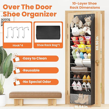 ZATOCL 10-Tier Over The Door Organizer, Space Saving Hanging Shoes Organizer and Storage Unit, Organizer for Closet, Bedroom, Entryway, Black