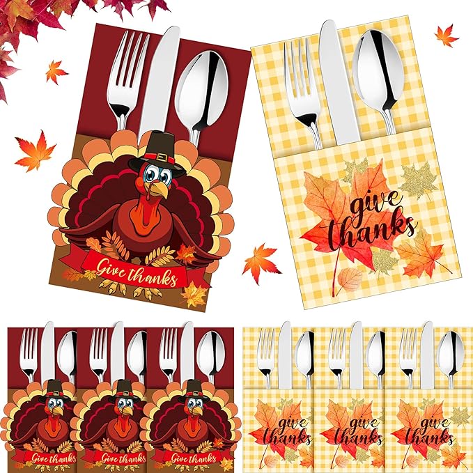 36 Pieces Thanksgiving Utensil Cutlery Holders Cutlery Wraps Bag with Maple Leaf and Turkey Give Thanks Cutlery Pouch Holder Silverware Pouch Bags for Fall Harvest Party Supplies Thanksgiving Decor